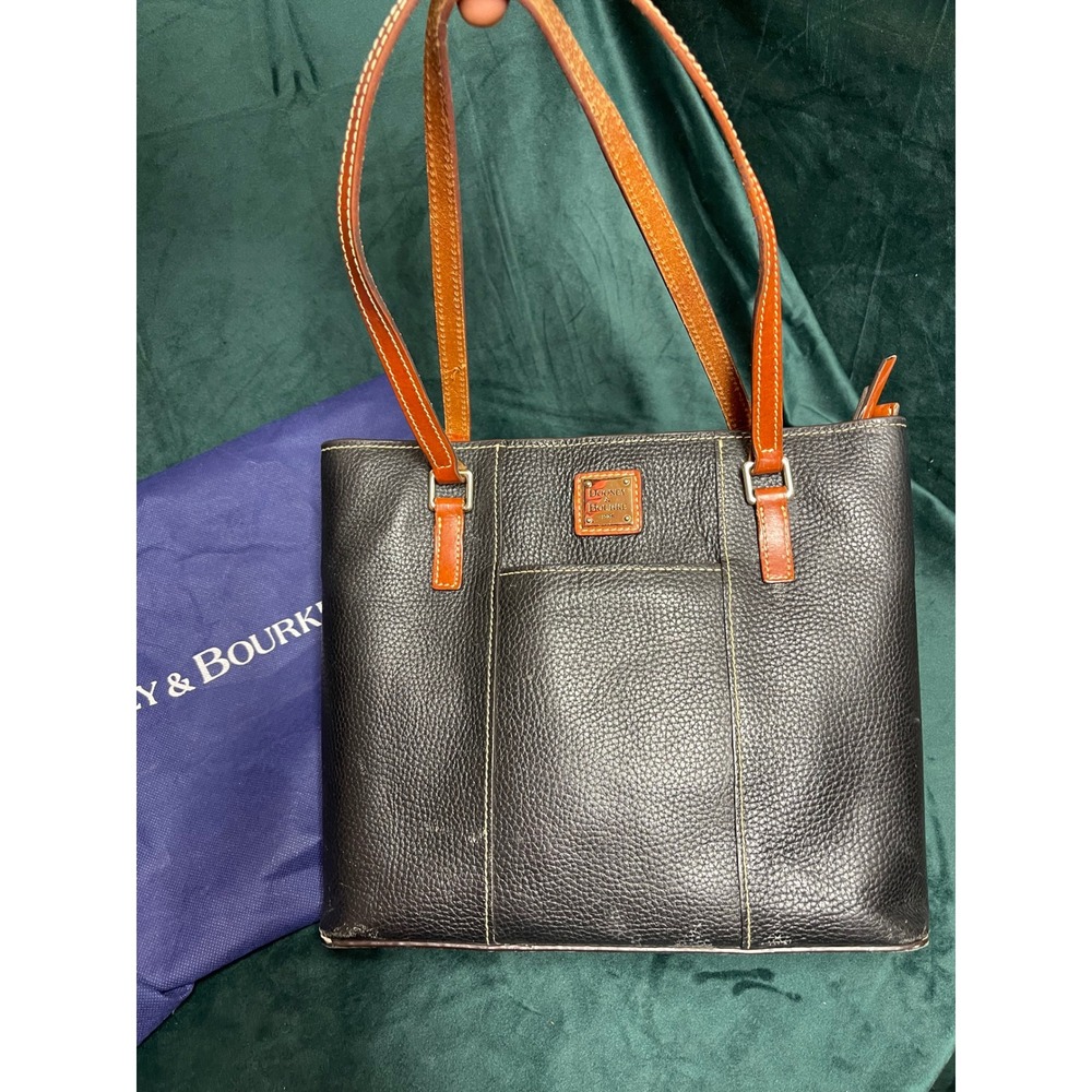 Dooney & Bourke Black Pebbled Leather Tote Bag Tan Trim Shoulder Bag Zippered